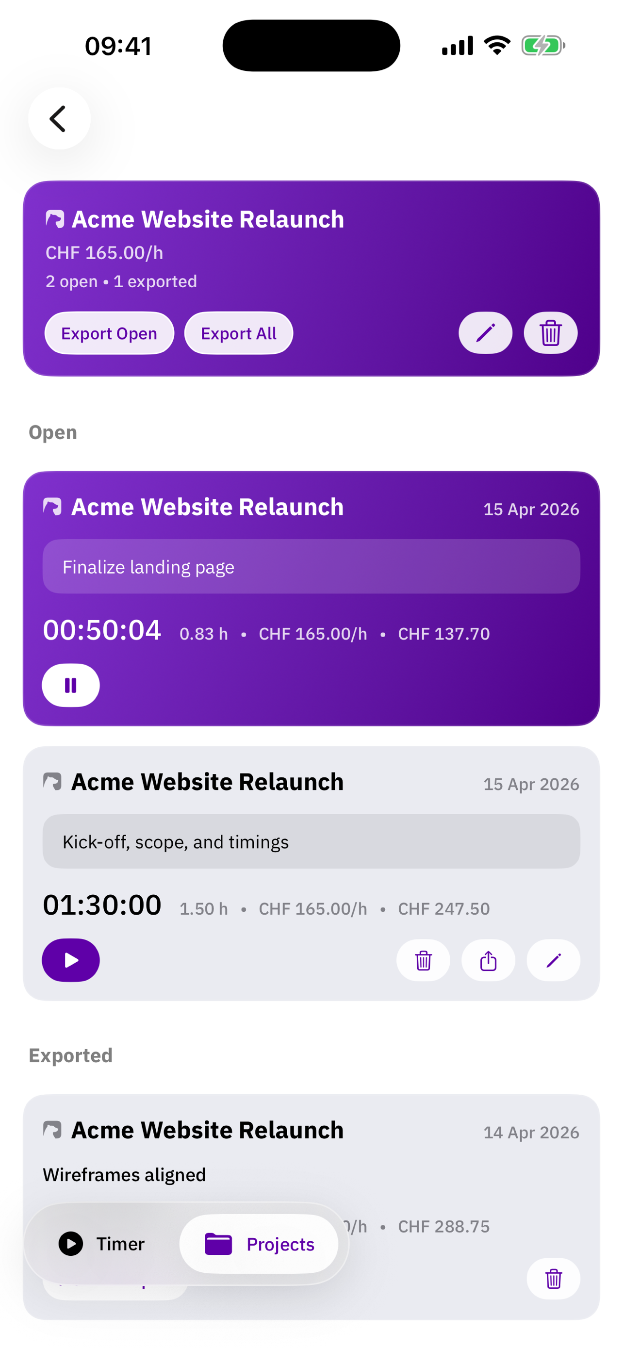 Project detail view with Export Open, Export All, and a list of entries